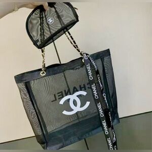 CHANEL Black Mesh Tote with Matching Cosmetic Pouch Gold Hardware NWT GWP